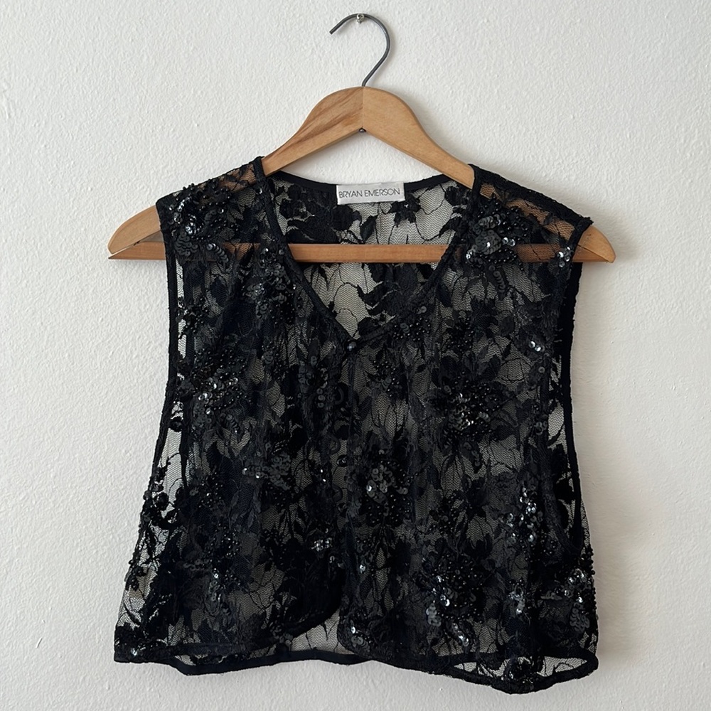 Bryan Emerson Black Floral Lace & Sequin Button Up Vest